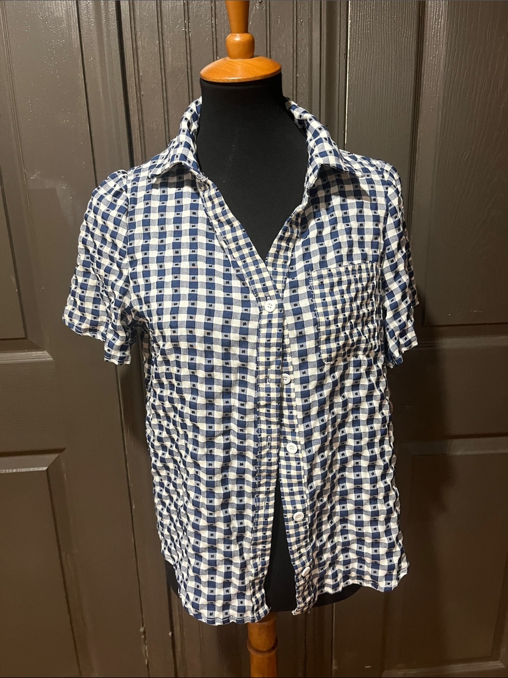 Navy and White Gingham Button-Up Shirt